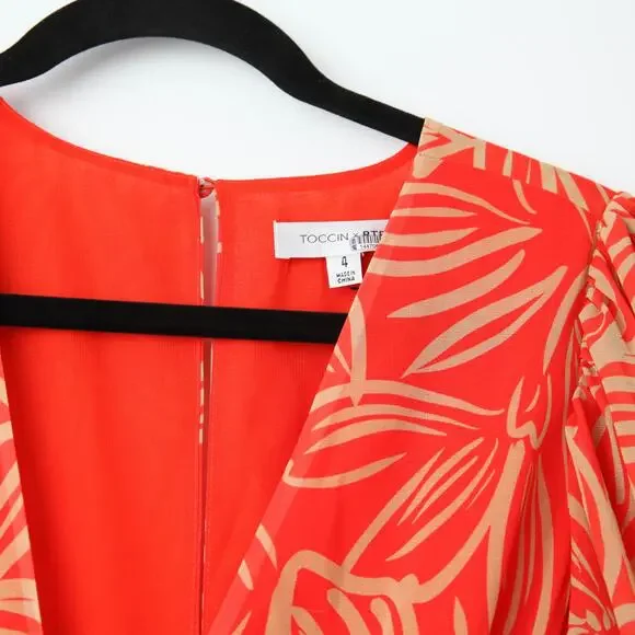 TOCCIN X RTR V-Neck Red and Orange Printed Maxi Dress - Size 4
